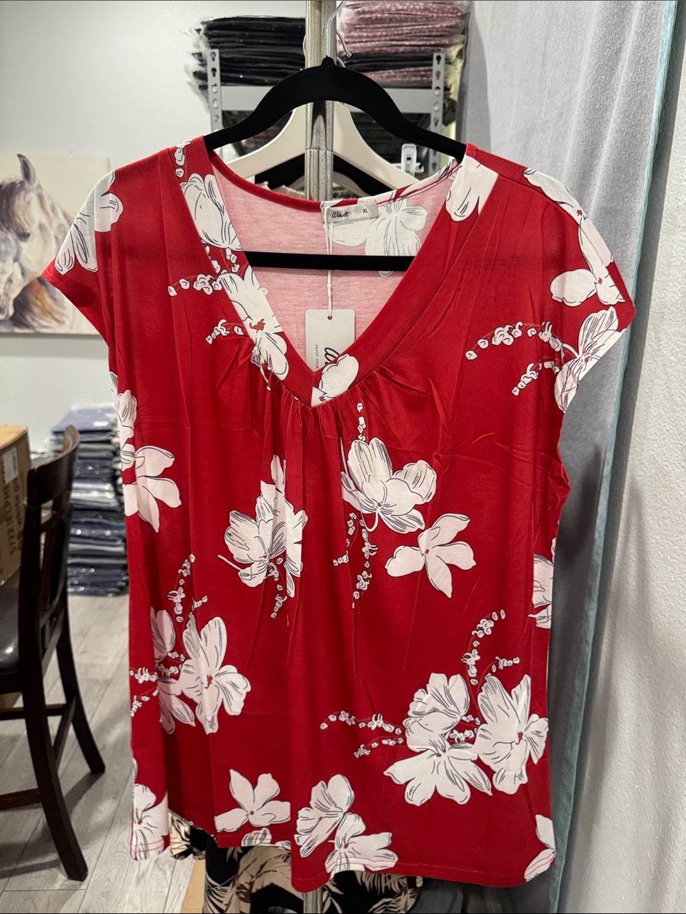 Women's Red Floral V-Neck Top
